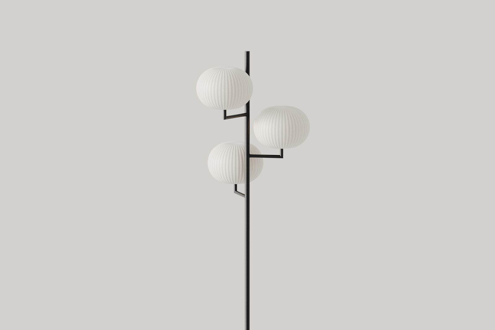 Lampadar Aromas del Campo Irzo cu trei globuri din sticlă opală striată pe tijă neagră, fotografie de studio
