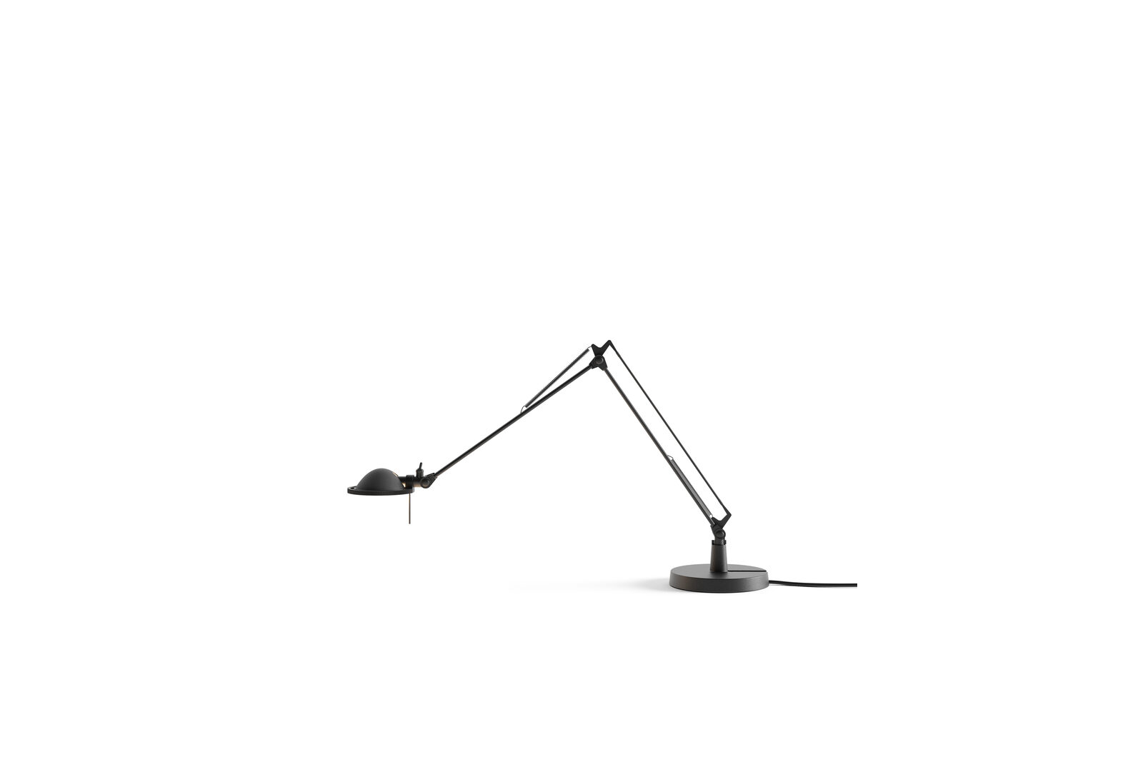 Lampa de birou Luceplan Berenice, neagră, cu braț articulat, pe fundal alb