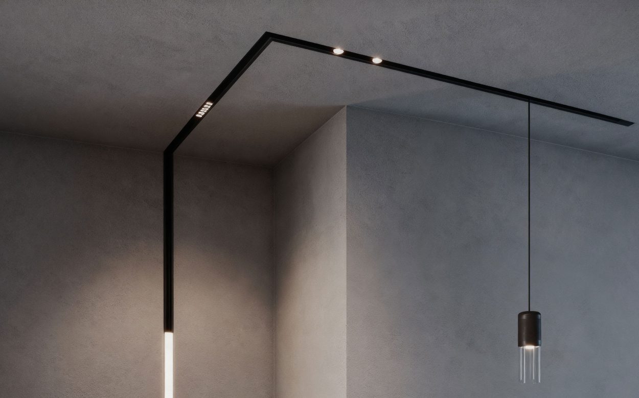 Vibia Tango — компактная шина по потолку и стене со спотами и подвесным модулем