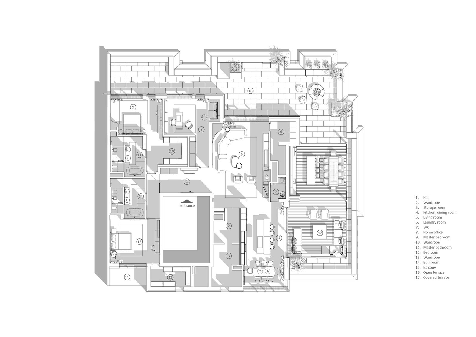 Terasa de 280 m² a Penthouse D, deschisă spre priveliștea orașului